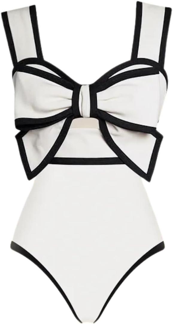 FLAXMAKER Black and White Swimsuit Bow-tie Decor One Piece Bathing Suit (Small)