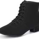 HROYL Women's Latin Dance Boots Low Heel Close Toe Ballroom Tango Performance Practice Teaching Dancing Shoes,LHD-GBNJB (5.5, Black-3.5cm-suede Sole)