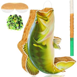 Fish Piata with Stick, Blindfold and Confetti, Fish Shaped Piata for Go Fishing Party Animal Theme Birthday Decorations for Birthday Party(Sea Bass)