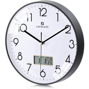 Lafocuse 12 Inch Silent Analog Wall Clock with LCD Display for Calendar and Temperature, Digital Black Wall Clocks with Date and Day Battery Operated Clock for Living Room Bedroom Office (Black)