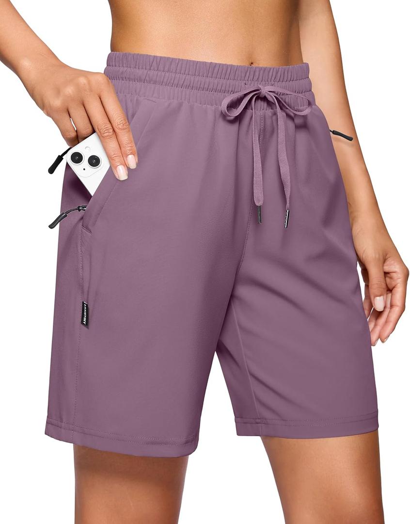 SANTINY Women's 7''/ 9'' Hiking Shorts with 3 Zipper Pockets Lightweight Quick Dry Long Athletic Golf Shorts for Women Casual (Large)