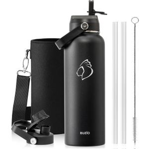 BUZIO 40oz Insulated Water Bottle, Triple Wall Vacuum Stainless Steel Water Flask with 2 lids, Lead-Free BPA-Free Straw Lid Sports Canteen Jug, Cold 48H & Hot 24H- Black