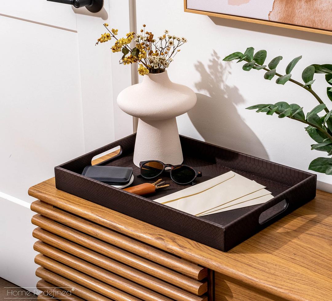 Modern 17.5"x12" Rectangle Brown Snake Faux Leather Decorative Tray Serving Tray with Handles Ottoman Coffee Table Dresser Living Room Kitchen Tray by Home Redefined for All Occasion's.