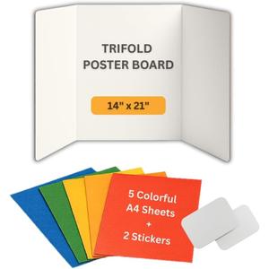 Trifold Poster Board 14"x21" Corrugated Display Board with Bonus 5 Colored A4 Sheets & Label, White Front Kraft Back Perfect for School Projects, Business Presentations, Science Fairs (White)