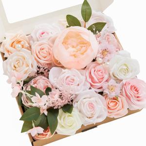 Ling's moment Fake Flowers Box, Faux Artificial Greenery Stems Foam Roses Silk Peony Fabic Flower for Centerpieces Bouquet Wedding Table Floral Vase Bridal Shower Party, Pink & Cream, Grand Combo
