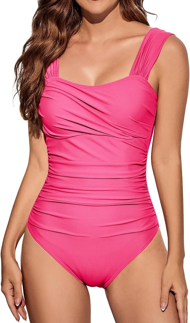 One Piece Bathing Suit for Women Tummy Control Swimsuits Square Neck Ruched Modest Swimwear (Medium, Pink)