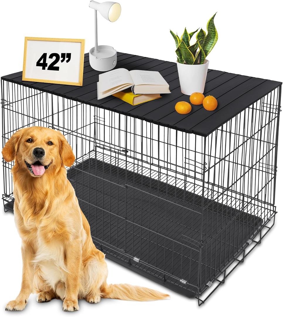 Dog Crate Topper Metal with Magnets for 42 Inch Crate - Aluminum Foldable Dog Kennel Topper Decorative Storage Pet Crate Table Black (Only Topper)