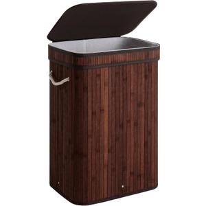 StorageWorks Laundry Hamper with Lid, Foldable Bamboo Laundry Basket, Clothes Hamper with Handles, Organizer and Storage for Laundry Room, Bedroom, Dorm, Brown
