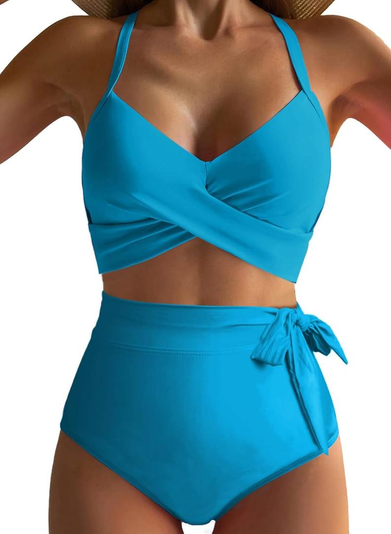 Dokotoo Swimsuits for Women High Waisted Bikini Two Piece 2025 Adjustable Straps Up Tummy Control Cross Front Bathing Suit Summer Sexy Set Beach (Blue, XXL)
