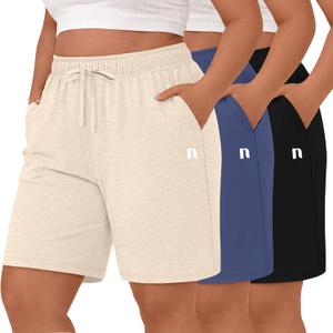 Neer 3 Pack Women's Plus Size Shorts Bermuda Cotton Drawstring High Waisted Casual Athletic SweatShorts with Pockets  (XX-Large, Black, Denim Blue, Beige)