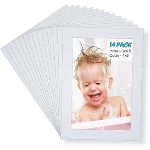 Egofine 4x6 White Picture Mats Pack of 14, Frame Mattes for 3x4.5 Pictures, Acid Free, 1.2mm Thickness, with Core Bevel Cut