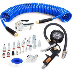 22 Pieces Air Compressor Accessories kit, 1/4 inch x 25 ft Recoil Poly Air Compressor Hose Kit, 1/4" NPT Quick Connect Air Fittings, Tire Inflator Gauge, Blow Gun, Swivel Plugs