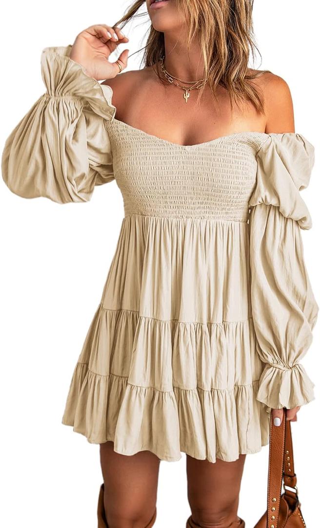 Dokotoo Women's Ladies Spring Casual Summer Dresses Casual Sexy Off The Shoulder Square V Neck Flared Long Sleeve Cute Ruffle Smocked Elegant Mini Short Birthday Dresses for Women Apricot Medium