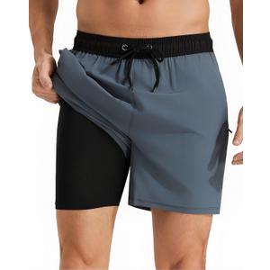 Mens Swim Trunks with Compression Liner Quick Dry Beach Shorts with Zipper Pockets