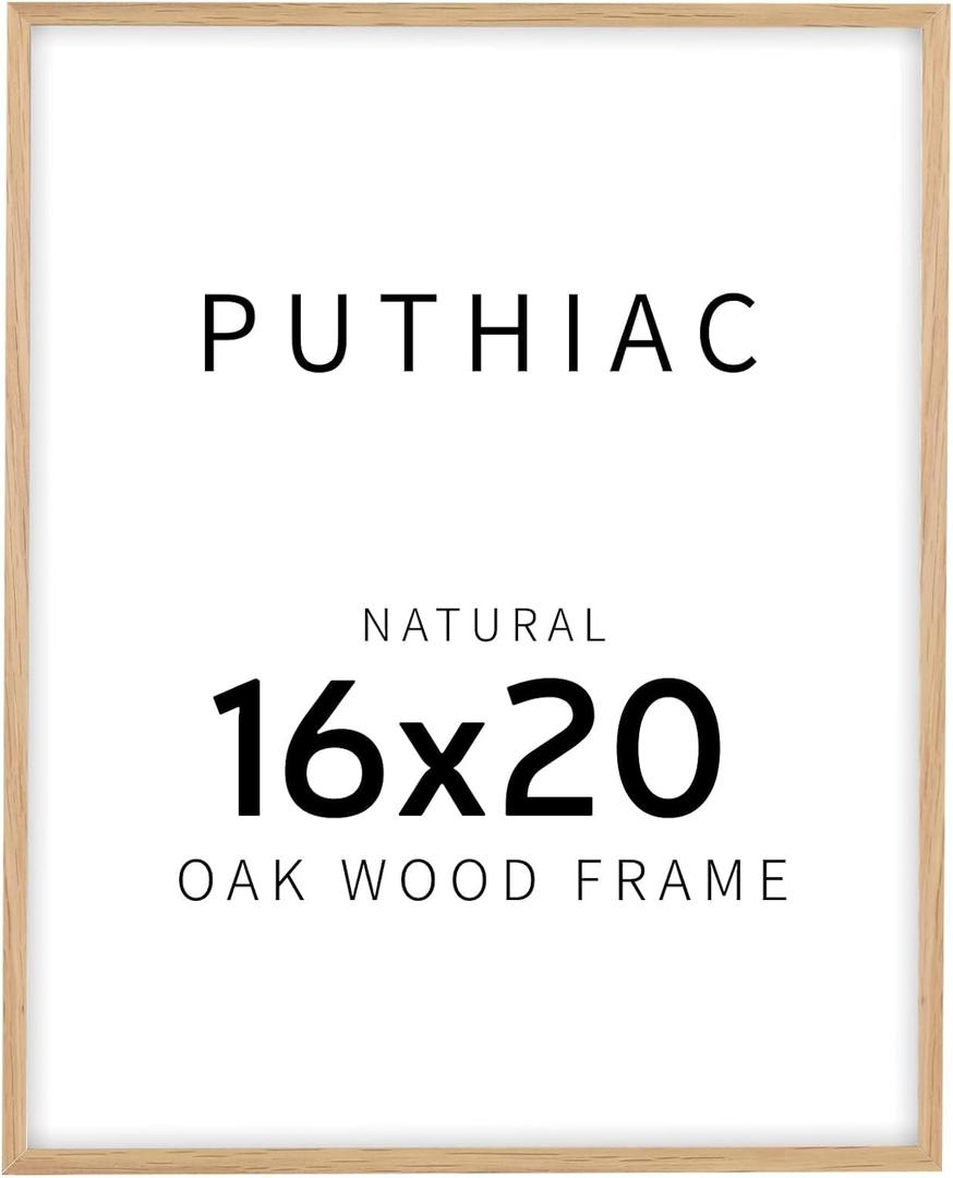 puthiac 16x20 Solid Oak Wood Picture Frame, Fits 12x16 with Mat or 16x20 Without Mat, Wall Display Only, Vertical or Horizontal, Plexi Front, 1 Pack, Natural Oak