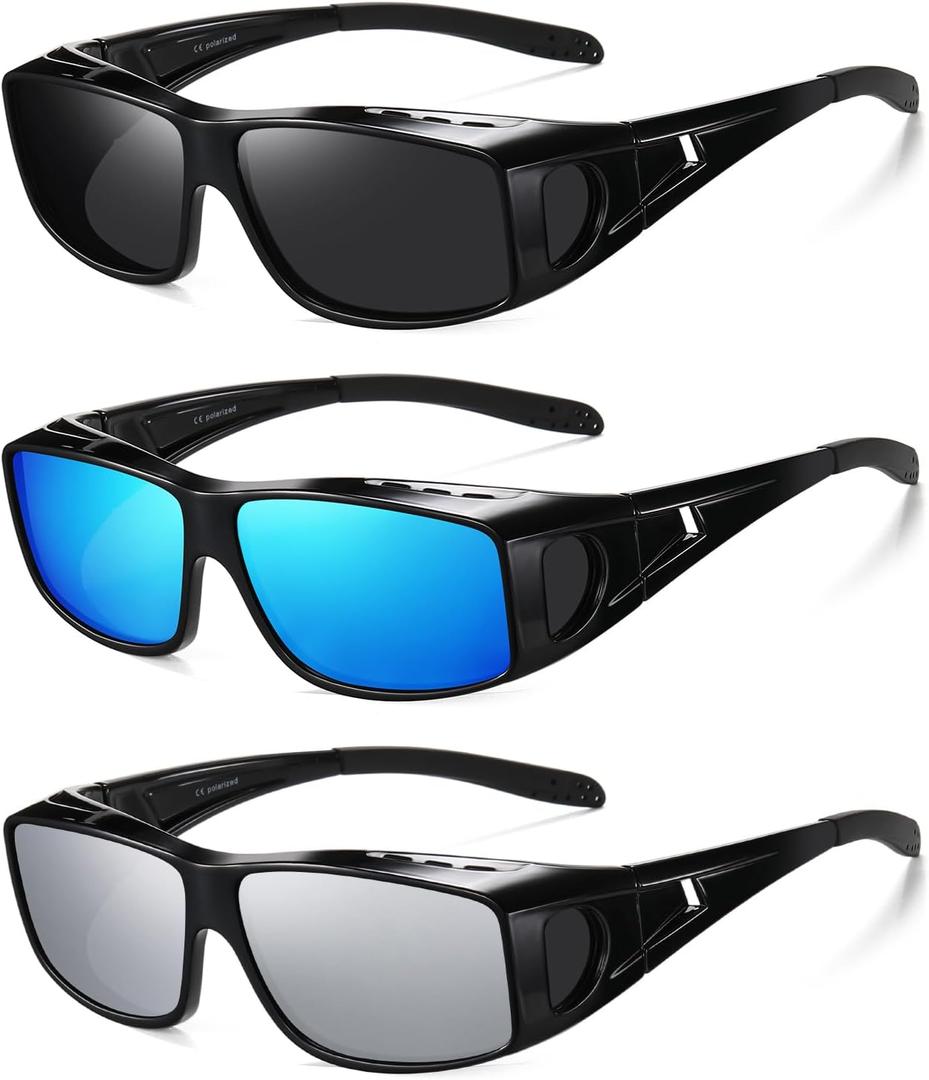 Wzerry Sunglasses Fit Over Glasses Polarized for Men Women, Wrap-Around Glasses UV400 Protection for Driving and Outdoor (Black/Grey + Black/Blue + Black/Silver)