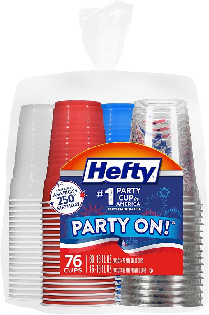Hefty Party On Disposable Plastic Party Cups, 76 Count, 16 Oz Cups in Assorted Patriotic Colors and 18 Oz Clear Cups with Festive Firework Print for Fourth of July Celebrations and Summer Entertaining