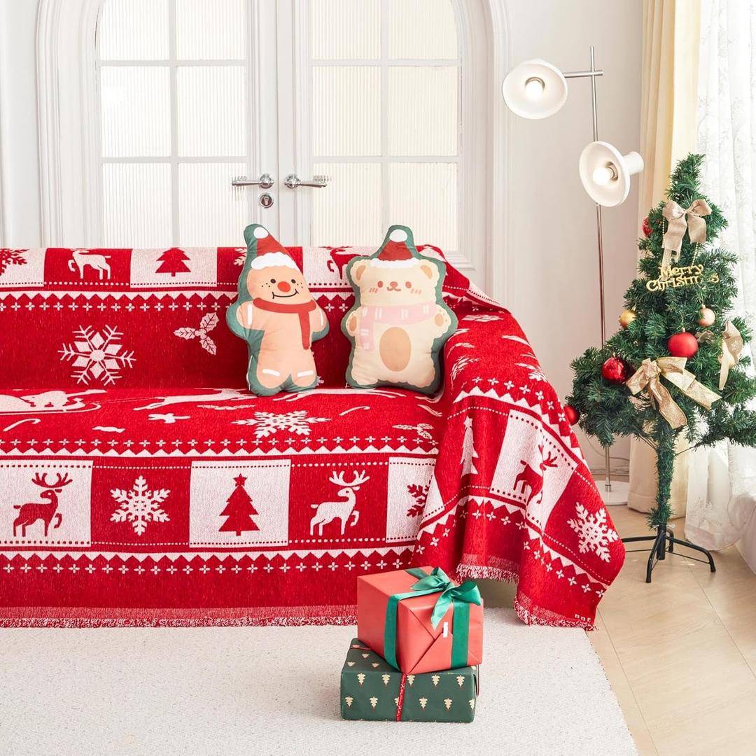 Cmfshape Christmas Sofa Couch Slipcover,Snowflake Sofa Covers for 3 Cushion Couch,Red Sofa Towel for Living Room Sectional,Furniture Protector for Pets,Kids,Family(71"x118",Red)