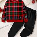 TALLWH Toddler Boy Christmas Outfit 2-3T Merry Christmas Outfit Boys Long Sleeve Striped Pullover Sweatshirts Jogger Pants Set Red and Green Contrast Plaid Party Clothes for Toddler Boys (Red)
