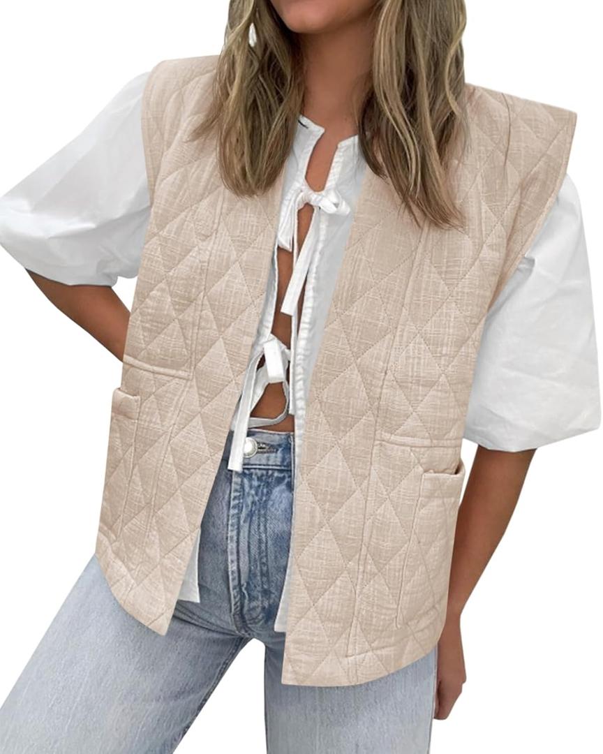 Tankaneo Womens Puffer Vest Sleeveless Open Front Quilted Jacket Lightweight Padded Gilet Coat with Pockets (Pink)