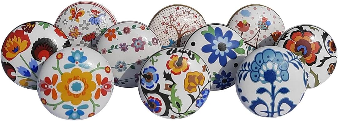 Royal Kraft Vintage Multicolor Painted Ceramic Pull Knobs for Kitchen Cabinet, Door & Drawer, Wardrobe, Cupboard (Set of 10) Sknob012