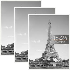 upsimples 18x24 Picture Frame White 3 Pack, Scratch-Proof Poster Frames 18 x 24 for Photo Gallery - Slide-In Strips, Horizontal or Vertical Wall Mounting