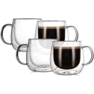CNGLASS 12oz Double Walled Glass Coffee Mugs(4-pack),Large Clear Coffee Cups with Handle,Glass Espresso Mugs for Latte,Cappuccino,Tea