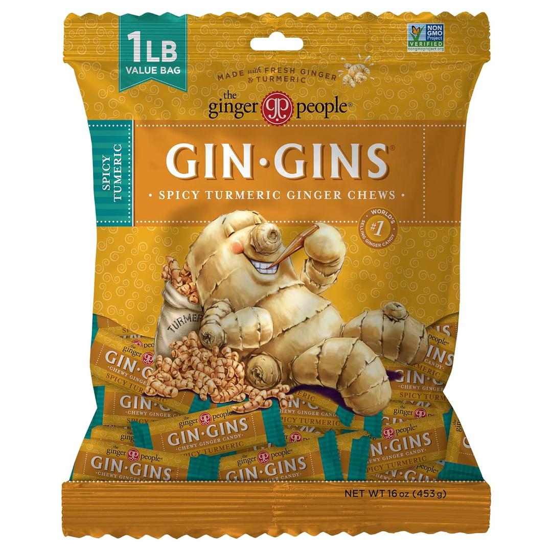 GIN GINS Spicy Turmeric Ginger Chews by The Ginger People - Anti-Nausea and Inflammation, Individually Wrapped Healthy Candy - Spicy Turmeric Flavor, Large 1 lb Bags (16 oz) - Pack of 12 (192 oz) BB Date 09/22/2025