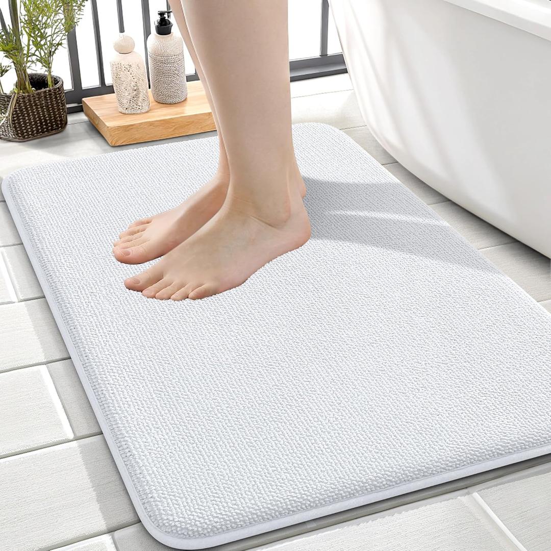 OLANLY Thick Memory Foam Bath Mat Rug 24x16, Extra Soft Absorbent Bathroom Rug, Quick Dry Bath Mats, Non-Slip, Machine Washable Carpet for Bathroom, Tub and Shower, Home Decor Accessories, White