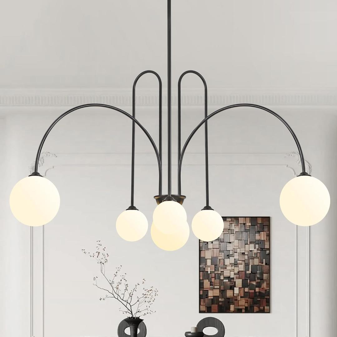 Black Sputnik Chandelier,6 Lights Modern Chandelier for Dining Room Mid Century Chandelier Large L49 Ceiling Pendant Light Fixtures with Milk Glass Globe Shades for Foyer Living Room Kitchen Island