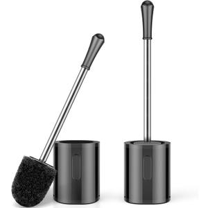 Compact Size Toilet Brush & Holder, 2 Pack, Stainless Steel Handle, Space Saving for Storage, Drip-Proof, Easy to Assemble, Black