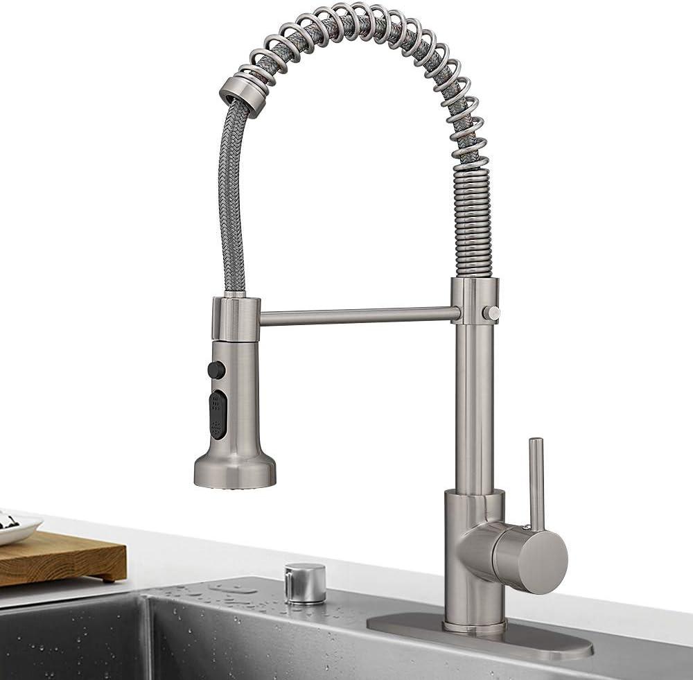 Hoimpro Brass Spring Kitchen Faucet with Pull Down Sprayer with Cover Plate, Rv Kitchen Sink Faucet with cUPC Hoses, 3 Function Single Handle Laundry Faucet, Brushed Nickel (1 or 3 Hole) (Nickel & Stainless steel)