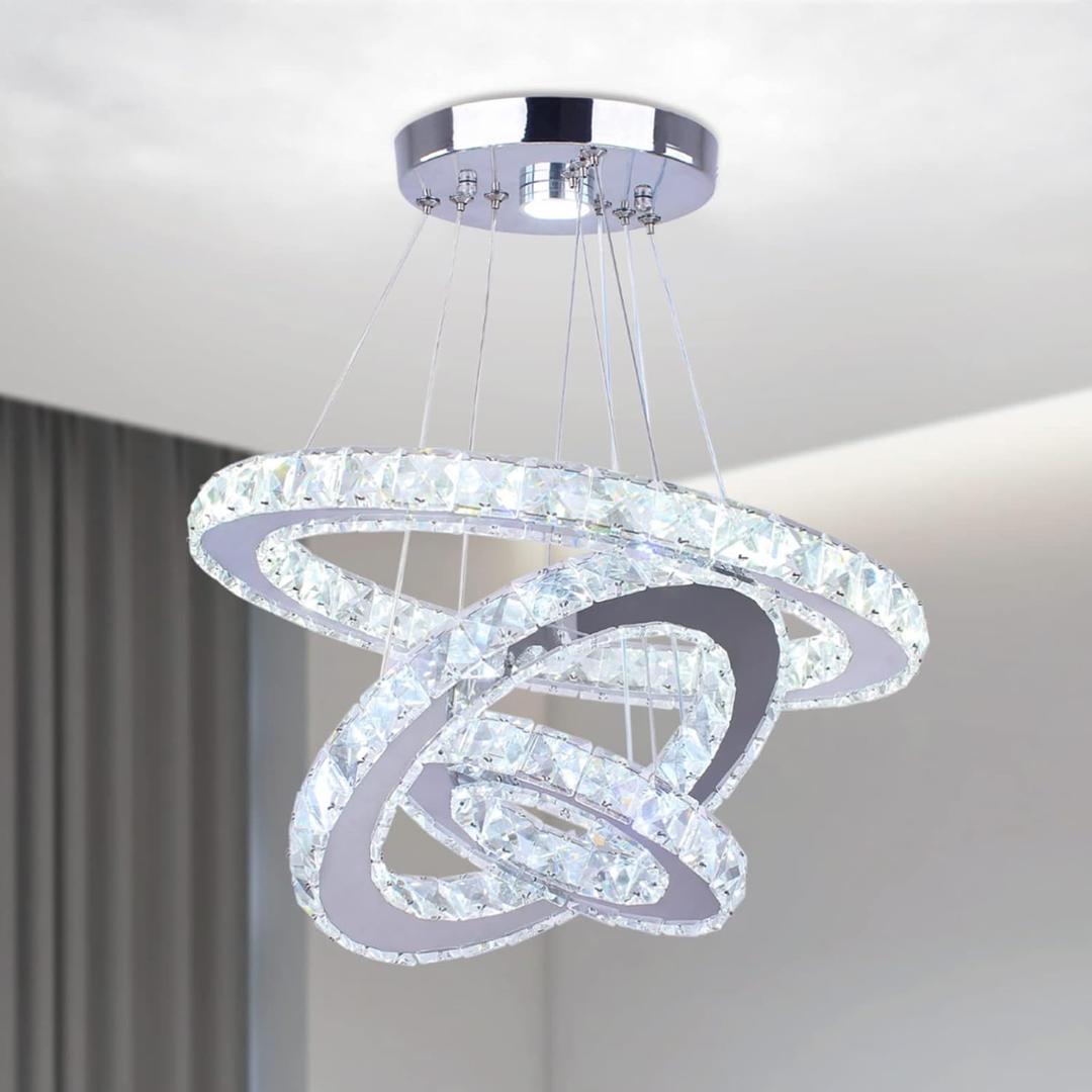 3-Ring Crystal Pendant Light, Adjustable LED, Cool White, 7.9"*11.8"*15.7"