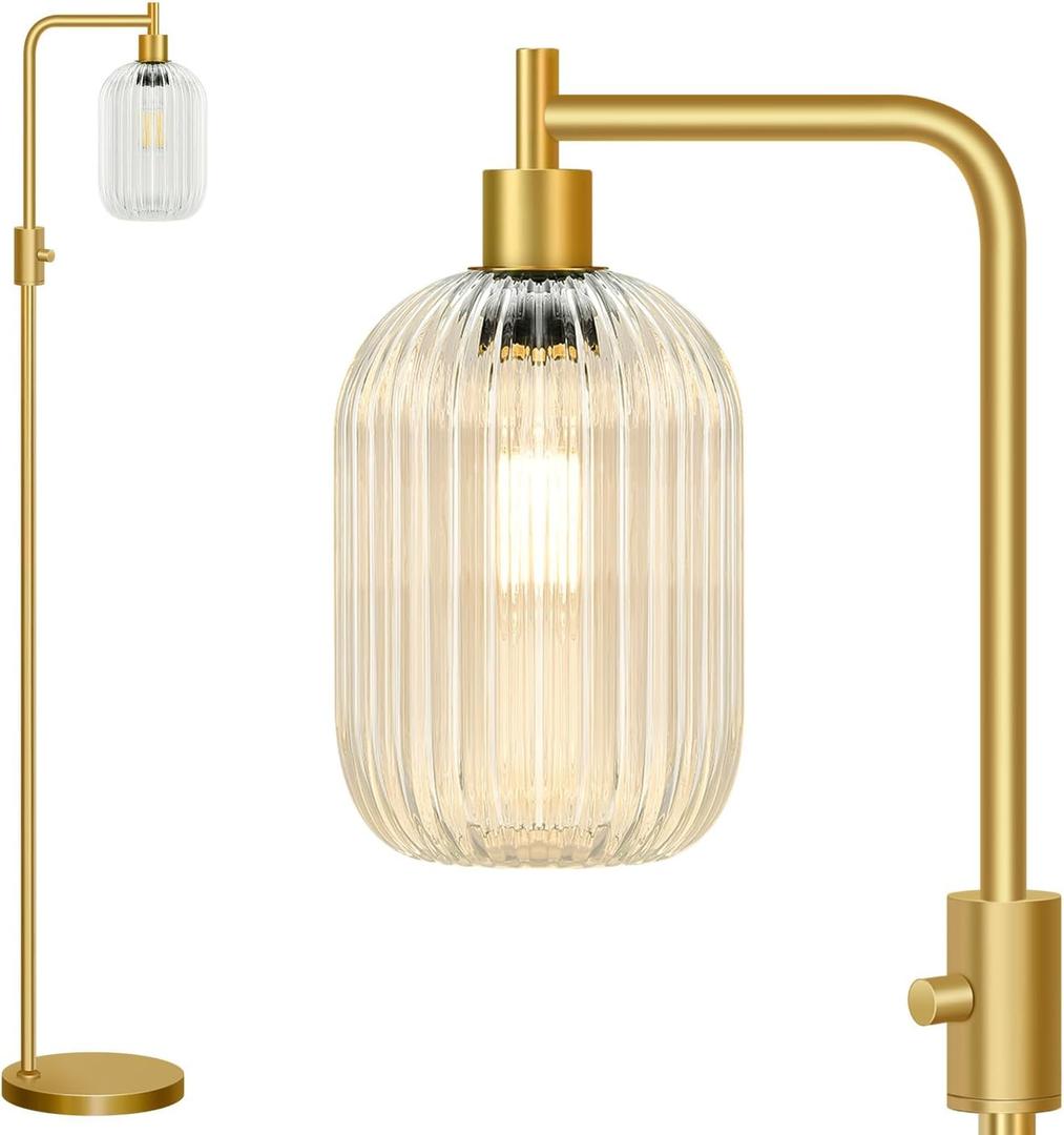 Upgraded Dimmable Glass Floor Lamp for Living Room, Modern Gold Standing Lamp with Clear Ribbed Glass Lampshade & Knob Dimmer, Arc Tall Lamp for Bedroom Office Reading Room, 2700K Led Bulb Included