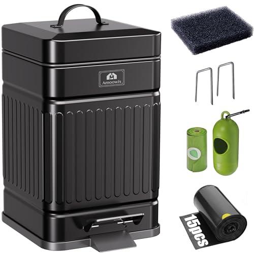Amoowis Small Trash Can with Lid, 1.3Gal Stainless Steel Dog Poop Trash Can Outside, Waterproof & Odor Control, 5L Cat Litter Trash Can, Dog Waste Station with Foot Pedal, Garbage Can for Backyard
