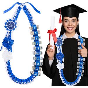 Lyrow 2026 Graduation Money Lei with Cash Holder 48 Inch Extra Long Braided Ribbon Lei DIY Graduation Garland for Cash Gifts Class of 2026 Grad Party Decorations (Blue & White)