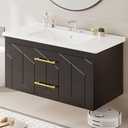 IDEALHOUSE Floating Bathroom Vanity with Sink 36 inch, Modern Bathroom Sink Cabinet, Ceramic Vanity Top, 2 Large Storage Drawers with Gold Metal Handle, Easy to Assembly, Black