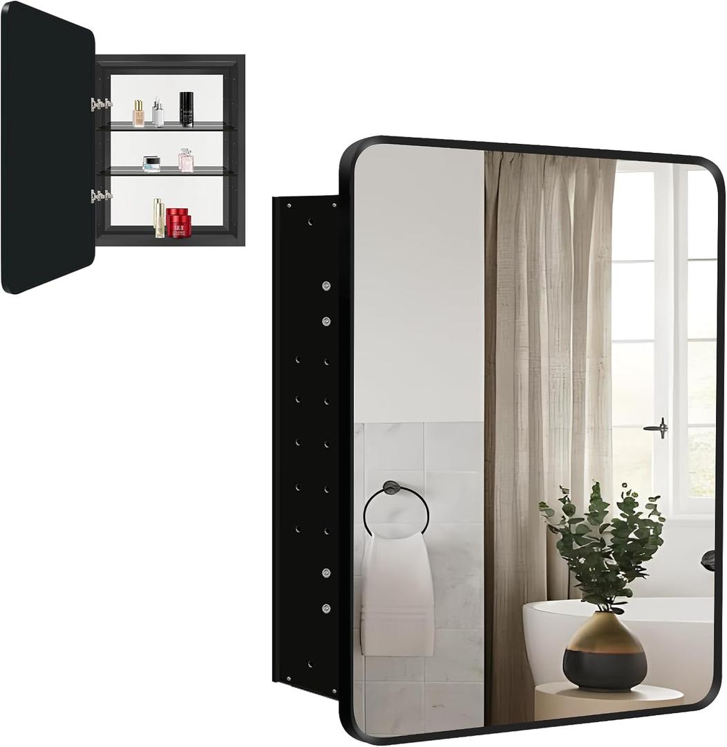 Recessed Medicine Cabinet with Mirror, 20x28'' Farmhouse Black Metal Framed Bathroom Medicine Cabinet Mirror, Single Door Storage Cabinet Vanity Mirrors(Without Back Door Storage Shelf)