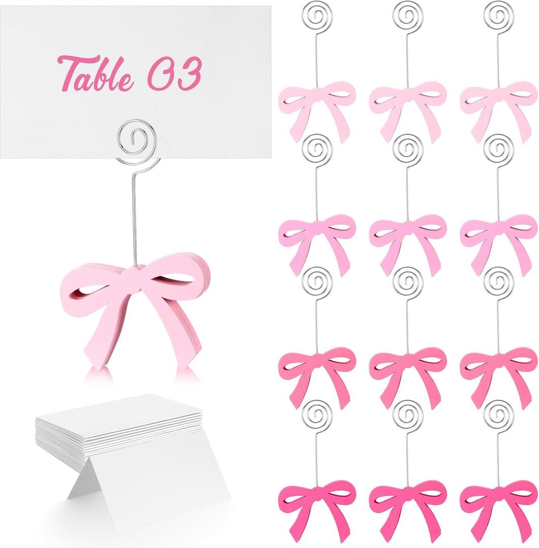 Abbylike 12 Set Pink Bow Place Card Holders with Place Cards Wooden Coquette Table Number Photo Holder Stand Menu Memo Clips Bow Theme Decor for Centerpieces Valentine Wedding Anniversary Birthday