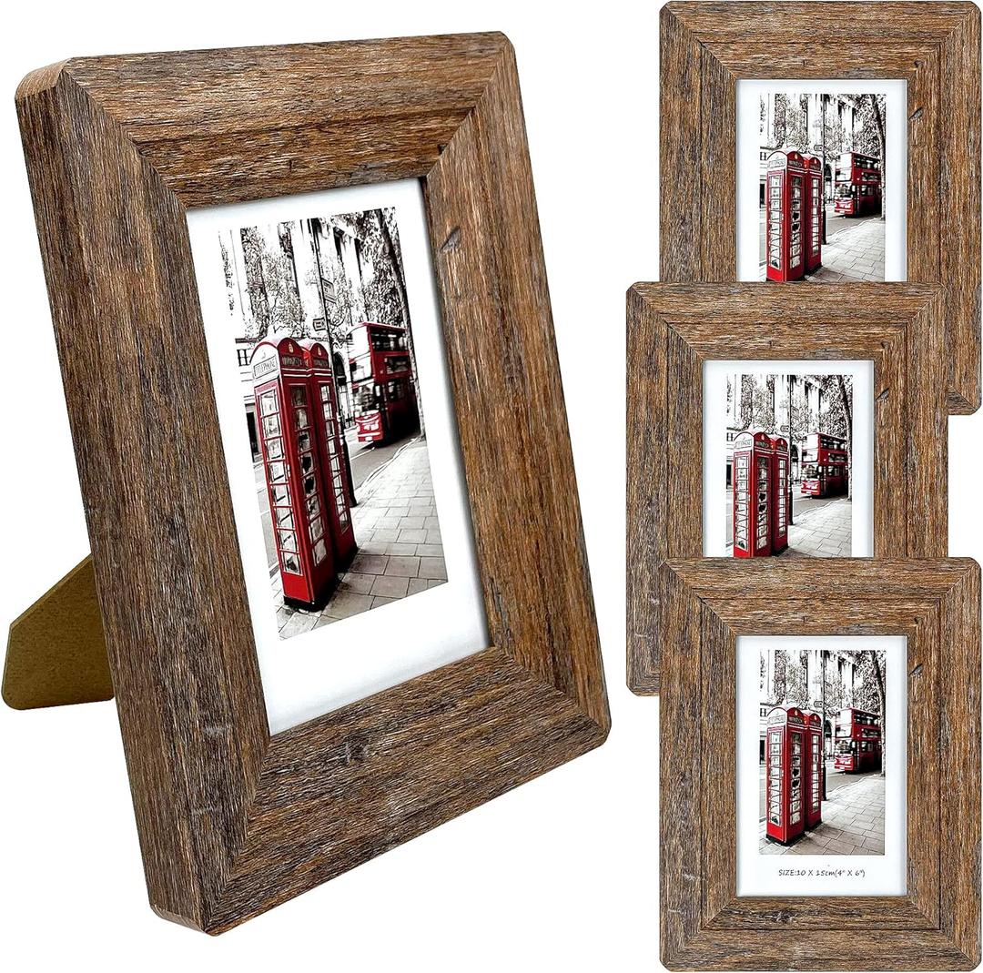 4x6 Picture Frames Set, Set of 4 Wooden Picture Frames Real Tempered Glass and Composite Wooden Rustic Rounded Corners Photo Display for Tabletop Wall Mount (Brown)