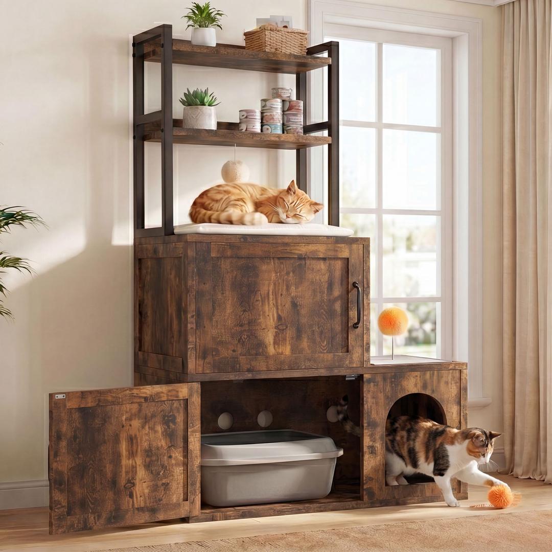 Heybly Cat Litter Box Enclosure Furniture with Shelves & Storage, HCLB002SR