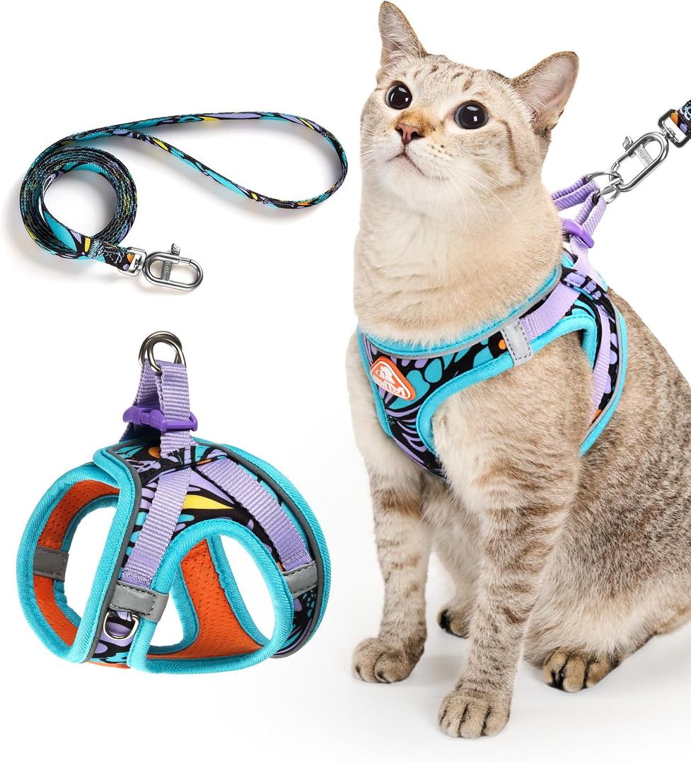 PetThem Upgraded Cat Harness and Leash Set - Step-in Escape Proof Adjustable Cat Harness, Comfortable Soft Lightweight, Reflective Harness for Walking, Travel, Camping (Butterfly Magic, S)