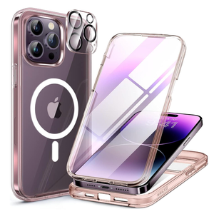 Miracase Glass Series Designed for iPhone 14 Pro Max Case 6.7 Inch, Upgrade Full-Body Bumper Case with Built-in 9H Tempered Glass Screen Protector, with Camera Lens Protector, Clear Pink