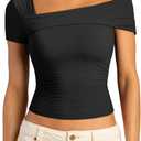 SUUKSESS Women One Off The Shoulder Summer Tank Tops Ruched Short Sleeve Shirts (X-Small, Black)