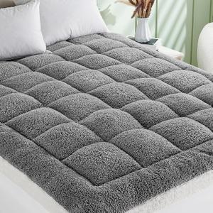 Cymula Pillow Top Mattress Topper Queen, Thick Queen Size Mattress Topper for Back Pain Sherpa Mattress Pillow Top Pad with Plush Fluffy Down Alternative Mattress Cover with 8-21" Deep Pocket, Grey