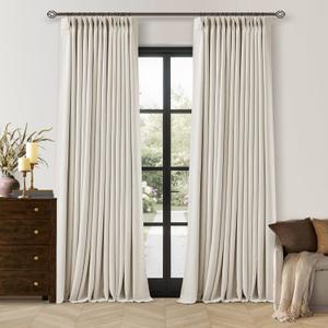 90 Inch Pinch Pleated Blackout Linen Curtains for Bedroom 2 Panels Memory Trained 100% Black Out Soundproof Room Darkening Natural Cream Ivory Birch Window Curtains Double Layer Pinch Pleat Drapes
