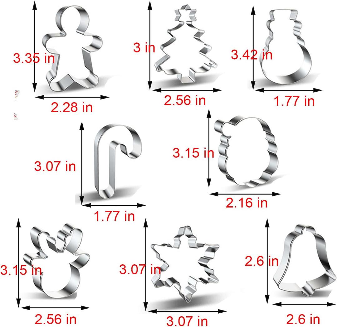 2 x Christmas Cookie Cutters, 8 Piece Holiday Stainless Steel Biscuit Shapes for Baking - Snowman,Christmas Tree,Gingerbread Man,Candy Cane,Snowflake,Santa Face,Christmas Bell, Reindeer Mold