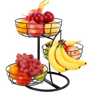 Livabber Fruit Basket Bowl with Banana Hanger, Fruit Vegetable Storage Basket with Banana Tree Holder for Kitchen Counter, Detachable Organizer for Bread Snack Produce (Black, 3-Tier Metal Base)