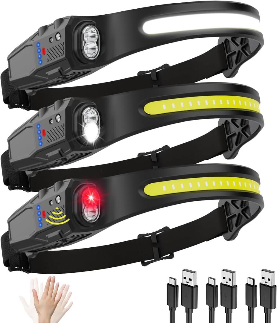 Headlamp Rechargeable 3Pack, 230 Wide Beam LED Headlamp, 7Mode Headlamps for Adults, Head Lamp with Motion Sensor, Red Light Head Lamps LED Rechargeable, Head Lights for Forehead Running Camping
