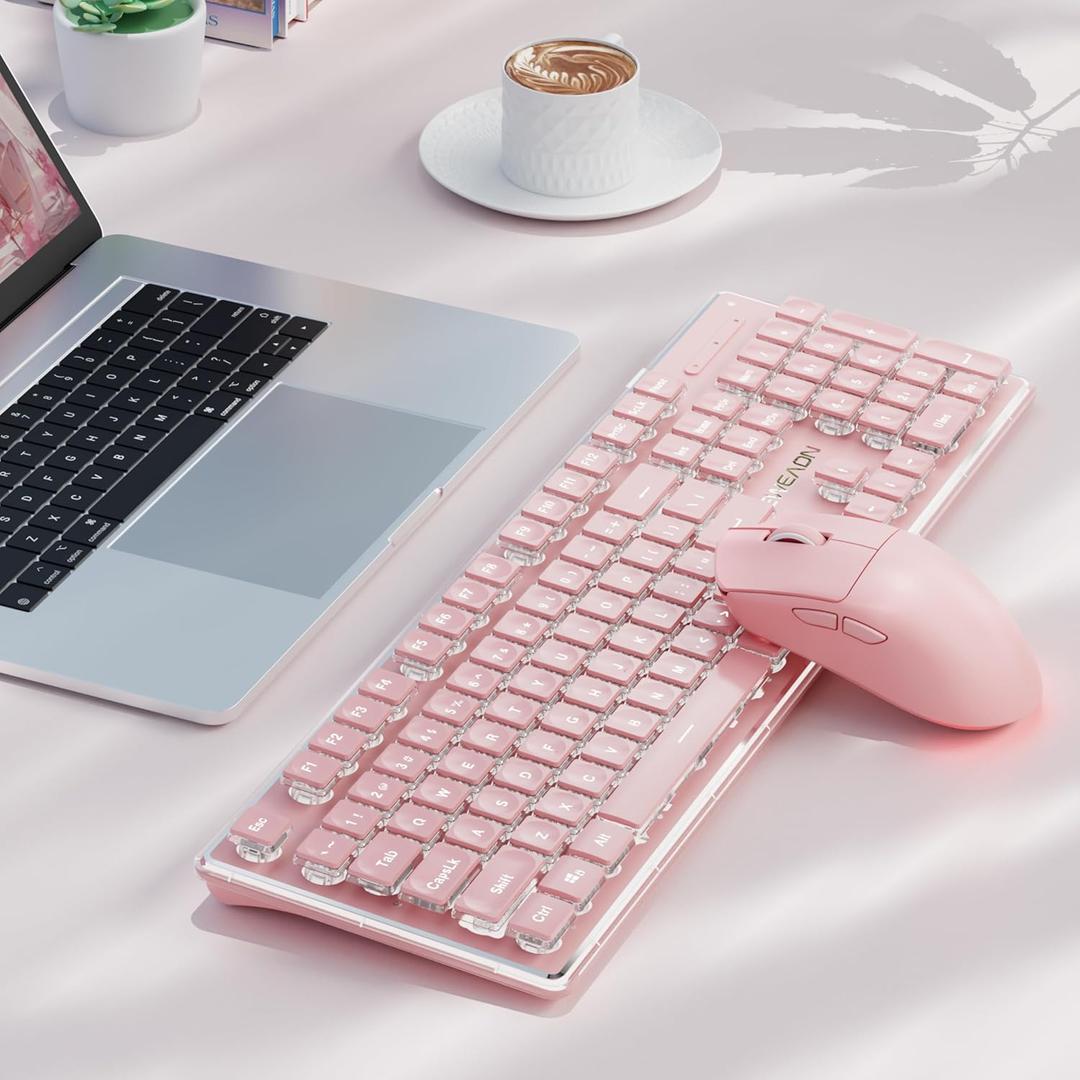 V3 Wireless Keyboard and Mouse with Single Backlit, Metal Panel, Bluetooth/2.4G Rechargeable Computer Keyboard and Mouse Combo Silent Lighted Full Size Cute Keyboards-Pink
